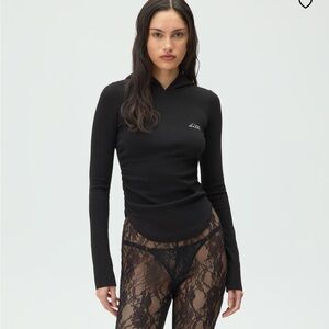 Kith x Lisa Black Long-Sleeve Ruched Hooded Rib Top